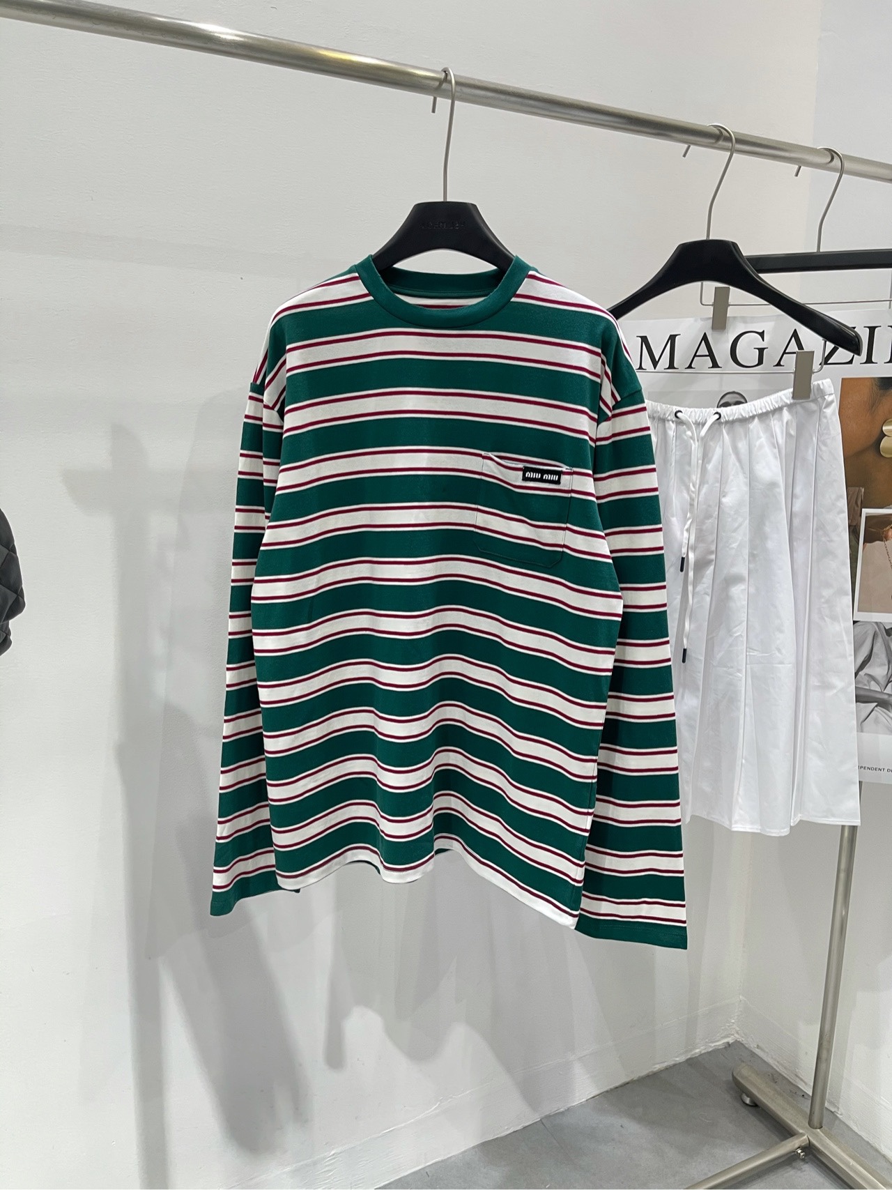 赤字超特価2024 ミュウミュウローロゼＮ級品 Tシャツ トップス 純綿 縞模様 長袖 ファッション グリーン_1