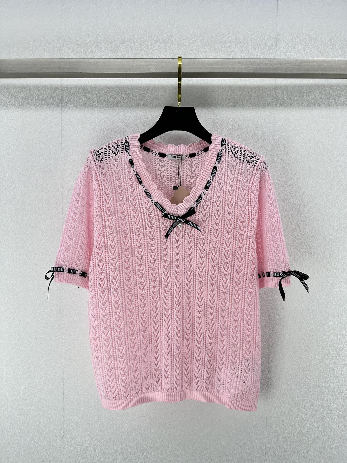 miumiuセーター激安通販 柔らかい ニット 半袖 セーター トップス 蝶結び 新品 ファッション ピンク_1