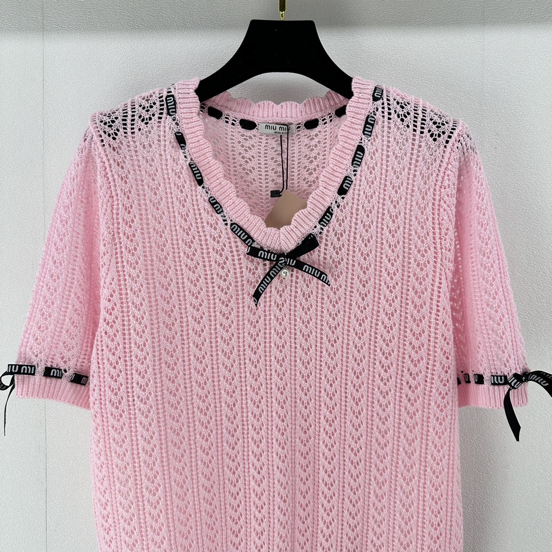 miumiuセーター激安通販 柔らかい ニット 半袖 セーター トップス 蝶結び 新品 ファッション ピンク_4