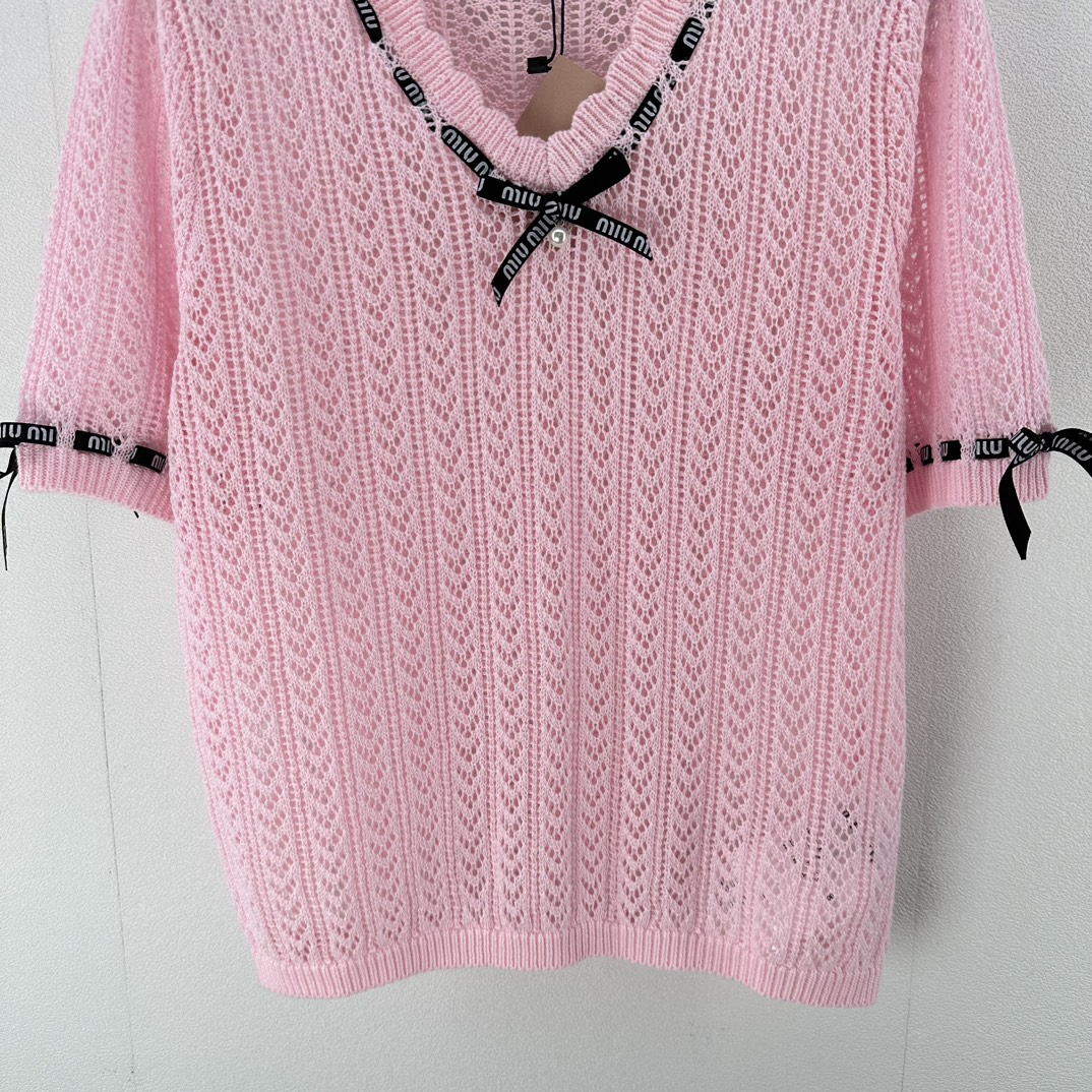 miumiuセーター激安通販 柔らかい ニット 半袖 セーター トップス 蝶結び 新品 ファッション ピンク_7