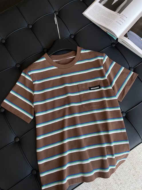 ミュウミュウツイスト偽物 短袖 Tシャツ トップス 品質保証 縞模様 青春風 シンプル 純綿 ファッション 2色可選