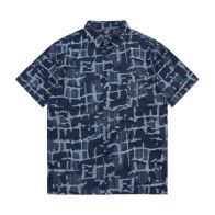 フェンディ シャツ激安通販 トップス ビジネスシャツ デニム素材 個性的 ファッション 半袖 花柄 ブルー