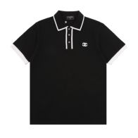 シャネル トップス偽物 純綿 トップス シンプル ポロシャツ 半袖 ロゴ刺繍 ブラック